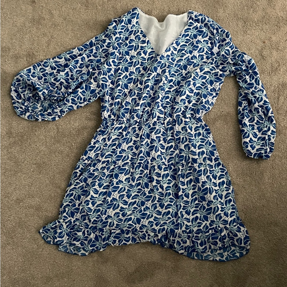 White and blue floral, long sleeve dress